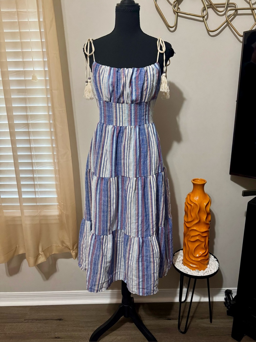 SHEIN Blue & White Striped Tie-Shoulder Smocked Midi Dress